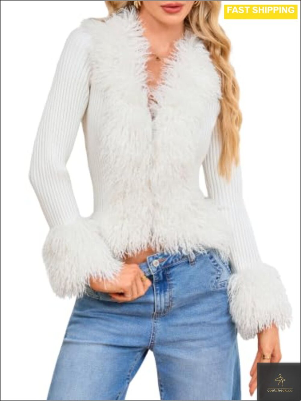 Women Faux Fur Trim Cropped Cardigan Zip Up V-Neck Knit Slim Fit Top